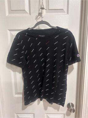Champion Black All-Over Micro Logo Short Sleeve Tee with Red Accents